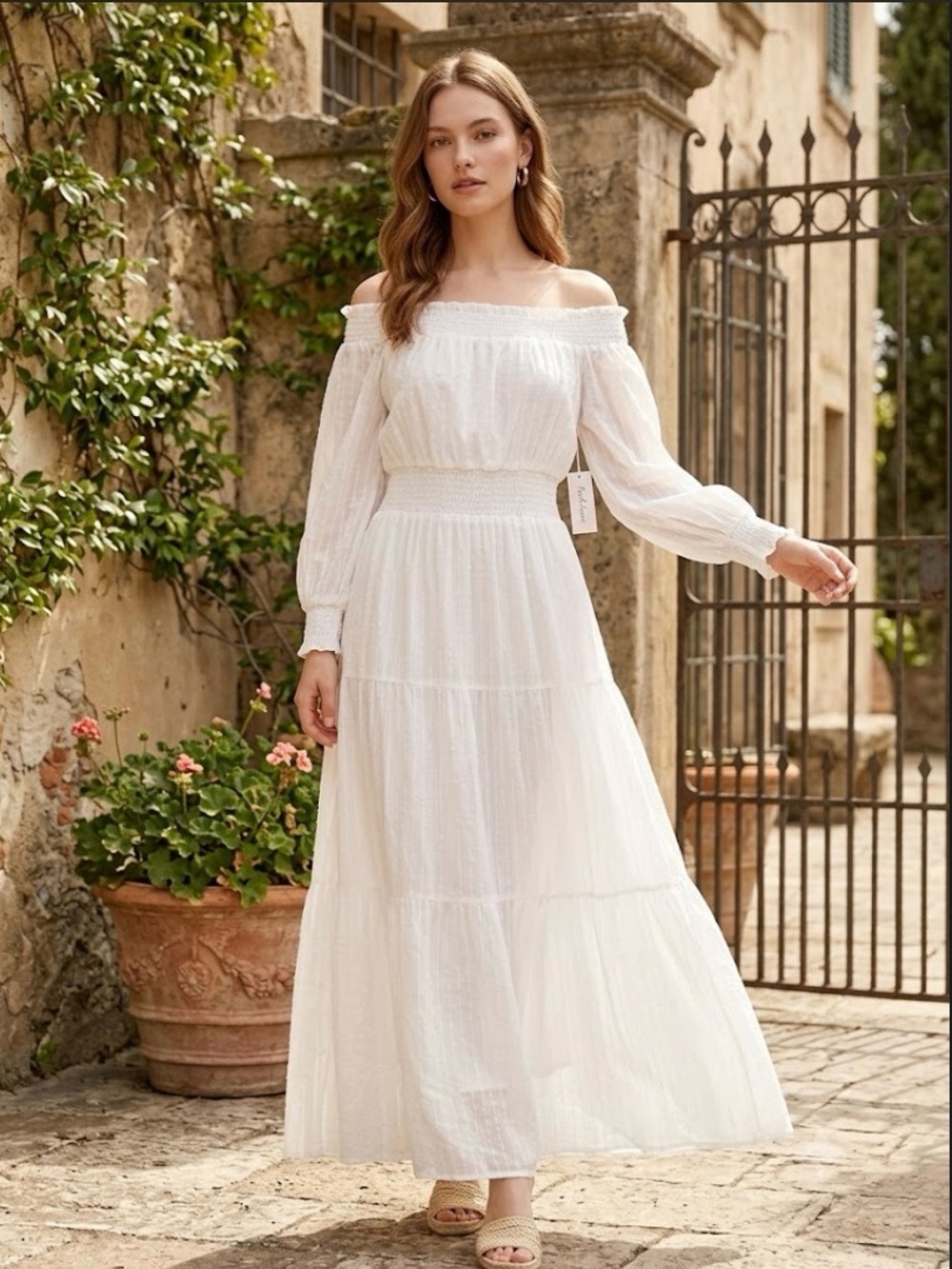 Off-Shoulder White Maxi Dress with Smocked Waist